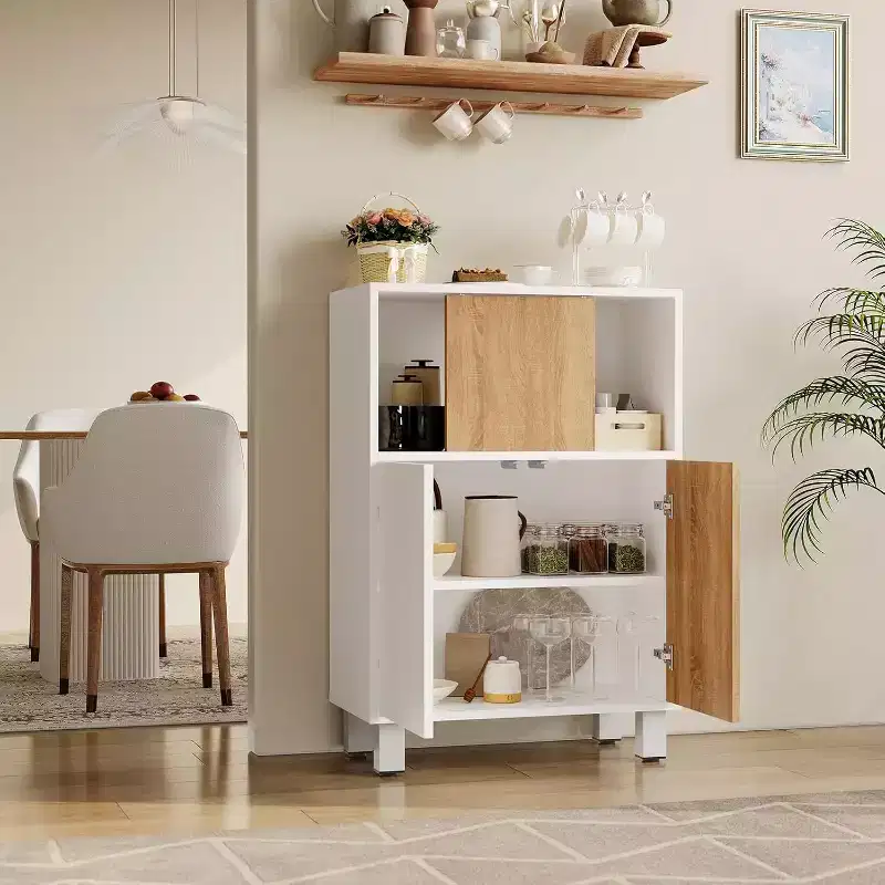 Modern Wooden Storage Cabinet with Sliding Doors, Adjustable Shelves, Floor Sideboard for Bathroom, Living Room & Small Spaces