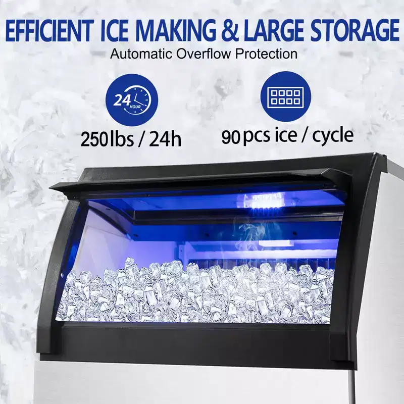 Denjol Commercial 90-Cube Ice Maker with LCD Display - 250 lbs/24H, Energy Efficient, Stainless Steel Construction