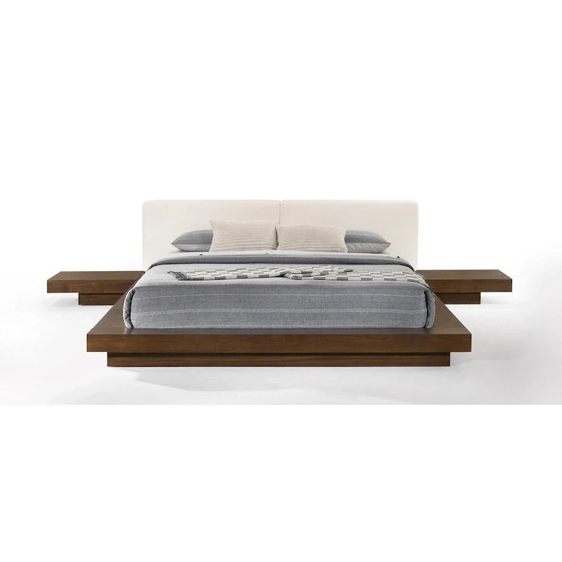 Walnut & White Low-Profile Platform Bed – Queen/King, Sleeps 2