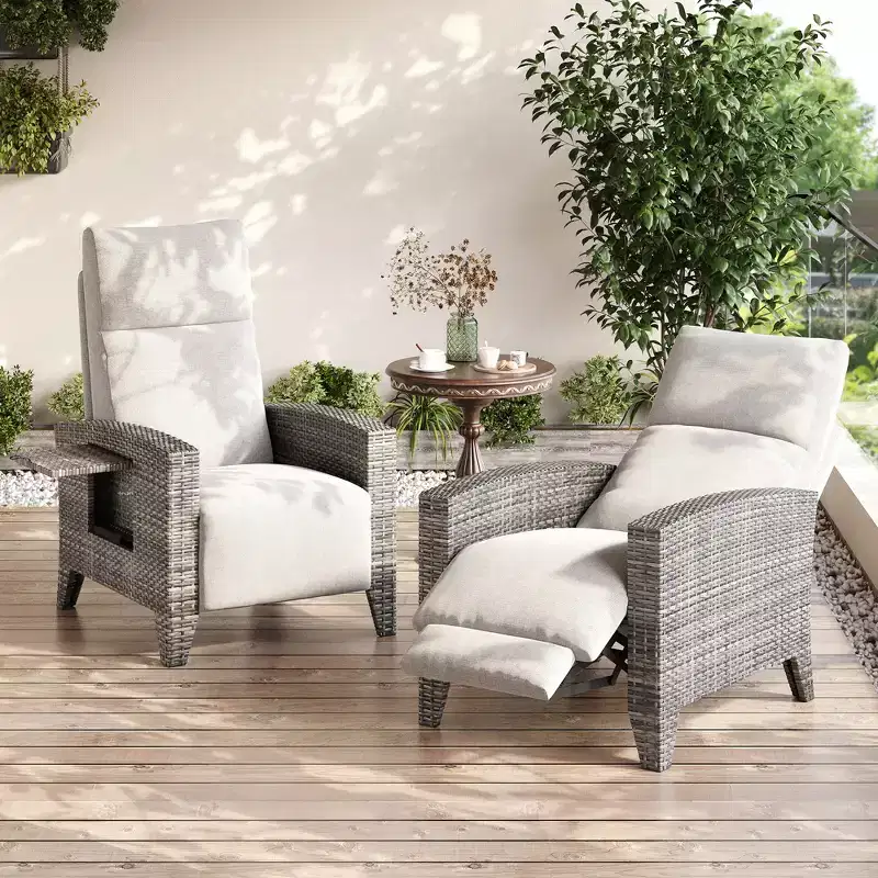 Wicker Recliner Chair with Adjustable Back & Footrest,150 Lay Flat Rattan Reclining Patio Chair with Extendable Side Table & Air Pump