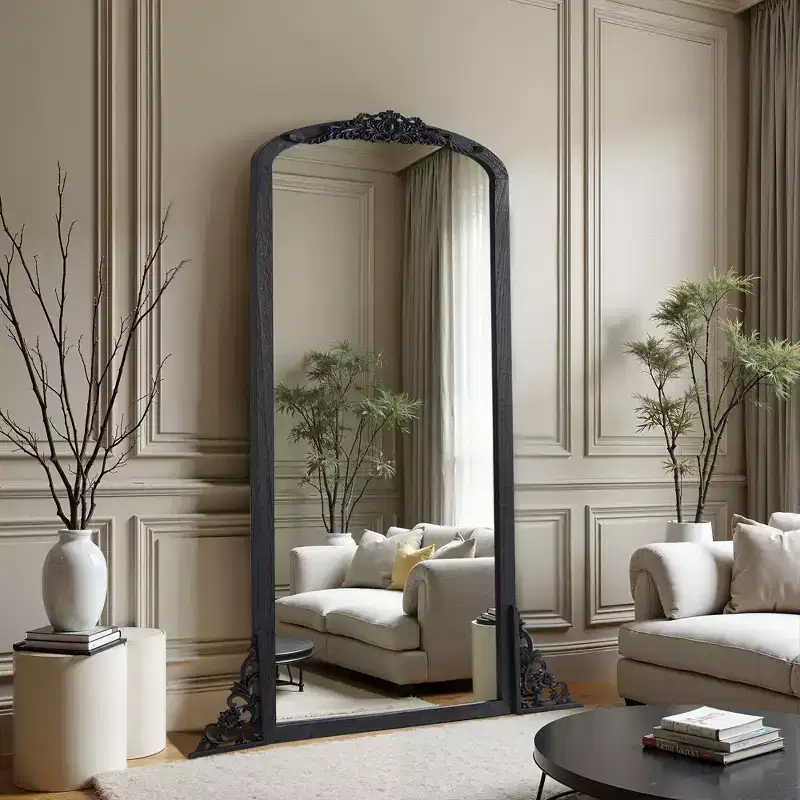 67x28 inch Solid Wood Carved Right Angle Micro Arch Black Full-length Mirror (without Bracket)