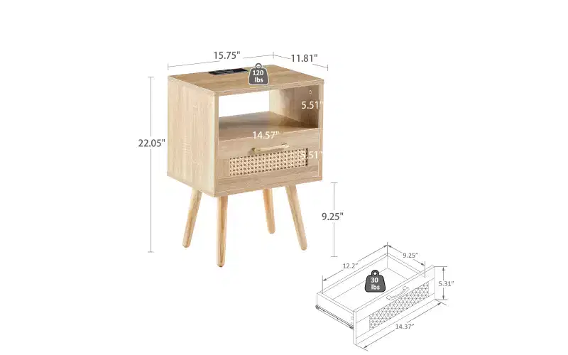 15.75-inch Rattan End Table with Power Outlet & USB Ports, Drawer & Solid Wood Legs for Living Room & Bedroom, Natural