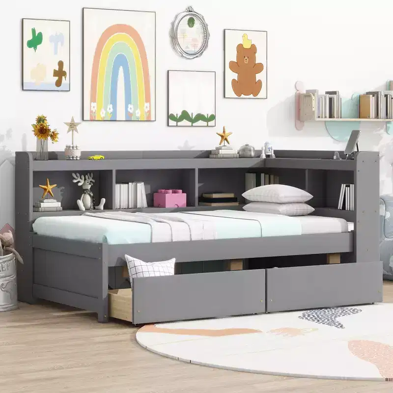 Twin L-shaped Bookcase Bed with Pine Wood Frame, Two Drawers for Bedroom, Gray