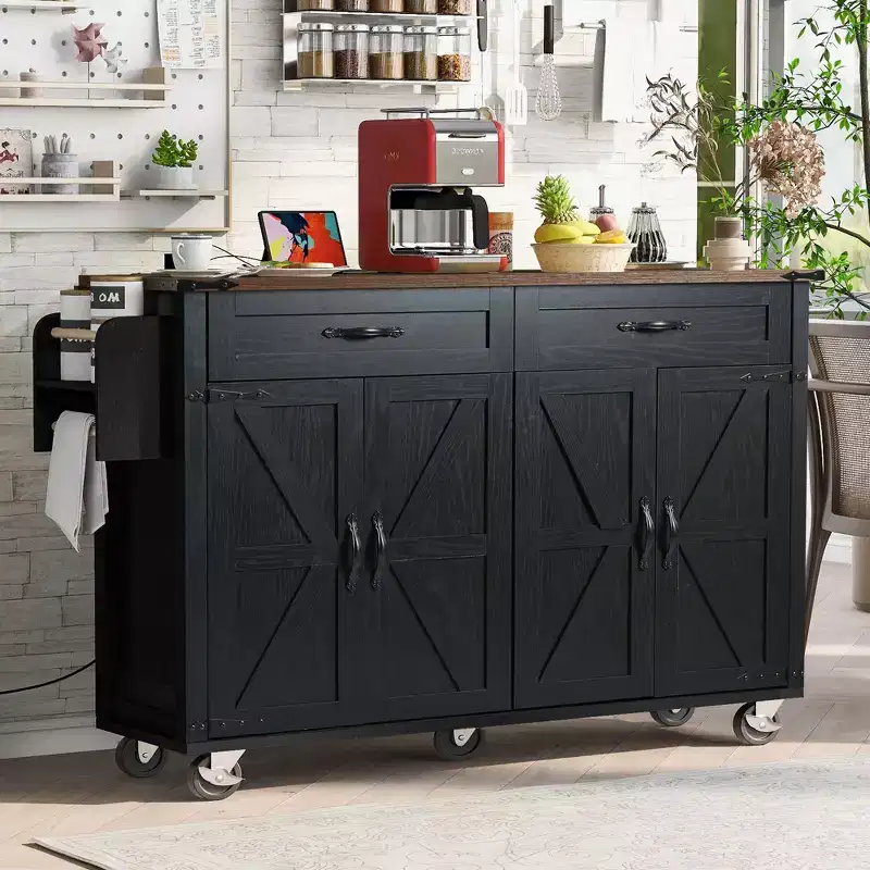 53.5 Black Farmhouse Kitchen Island with Drop Leaf, Rolling Kitchen Cart on Wheels for Home Kitchen Dining Room