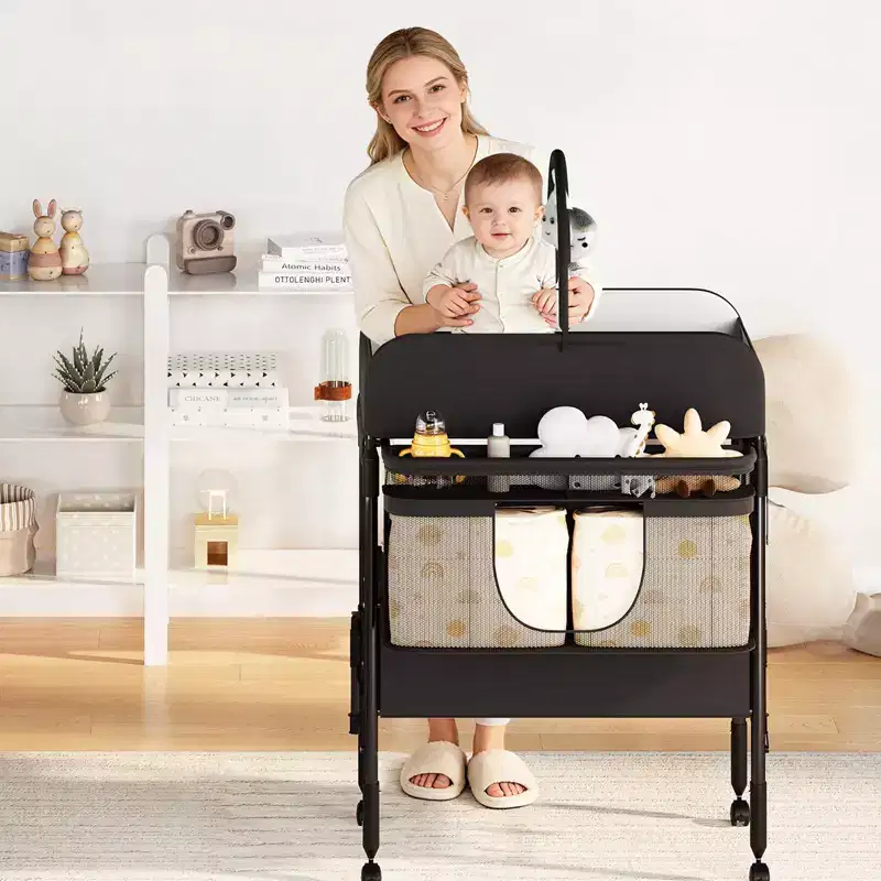 Folding Baby Changing Table w/ Wheels, Adjustable Height Diaper Station w/ 2 Drawers, Waterproof Mobile Nursery Organizer for Newborn Infants