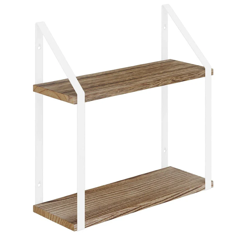 2-Tier Floating Wall Shelves with Metal Brackets, 17x6, Burnt Wood Finish