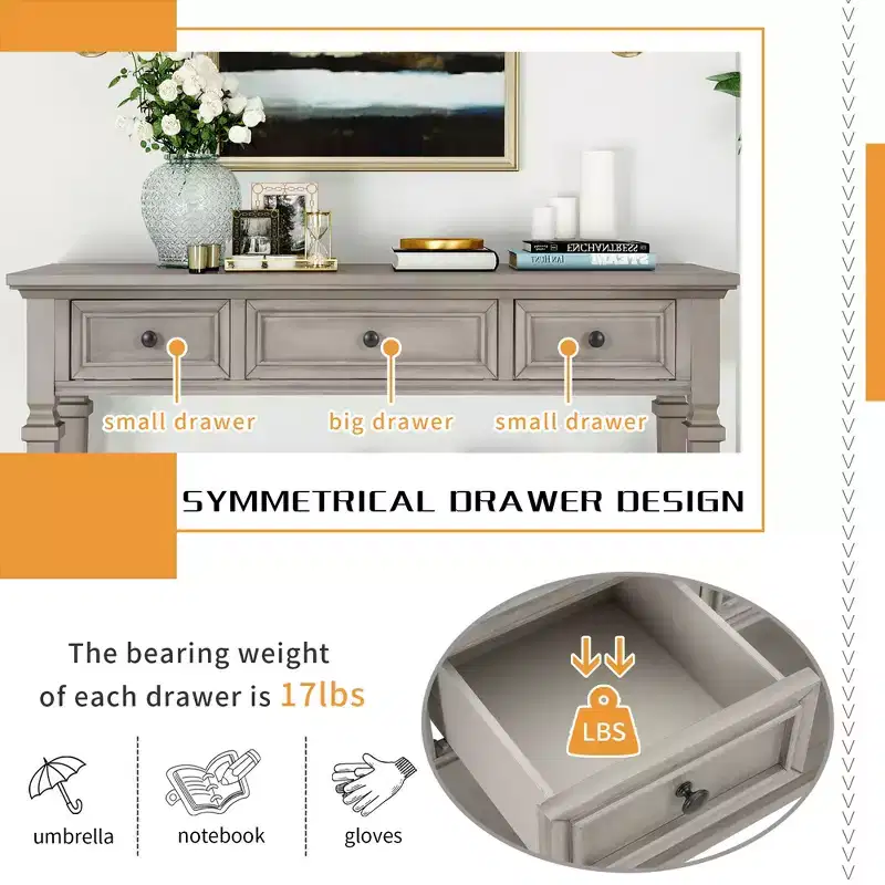 Whisen Classic Retro Style Console Table with 3-Top Drawers and Open Shelf