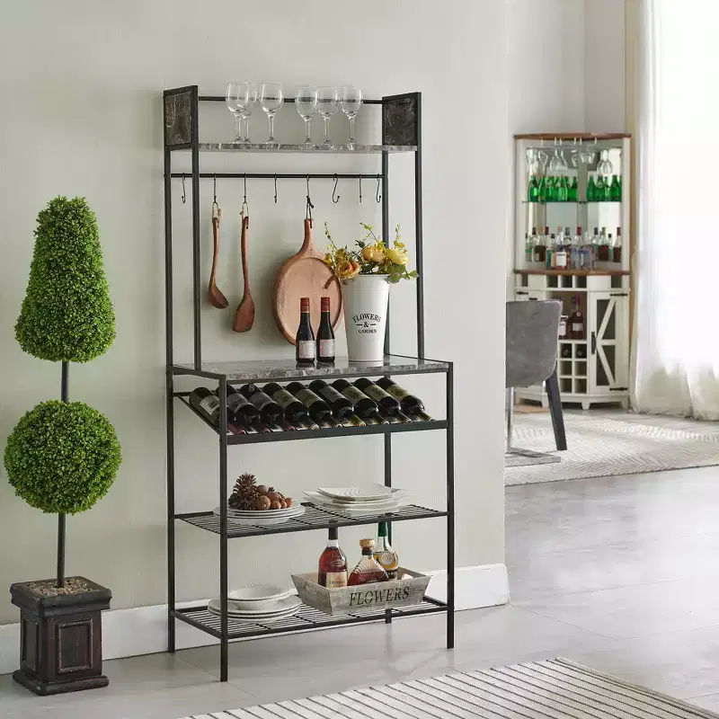 Kings Brand Furniture Lindsay Black Marble Bakers Rack with 9 Wine Bottle Capacity Rack & 8 Hooks - Kitchen Storage Organizer, Black