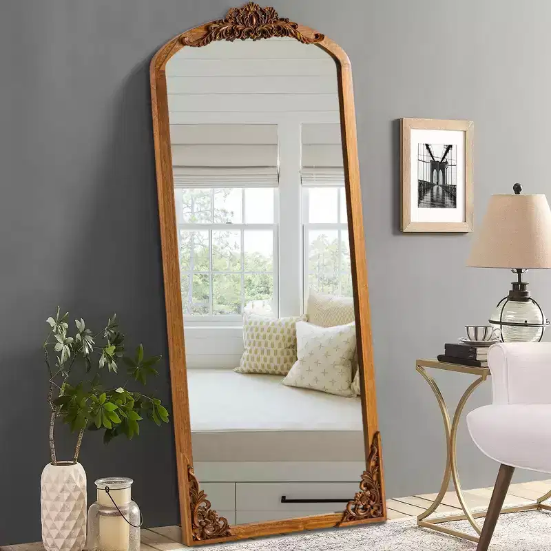 30 in. W x 69 in. H Rustic Arched Solid Wood Framed DIY Carved Full Length Mirror in Gold
