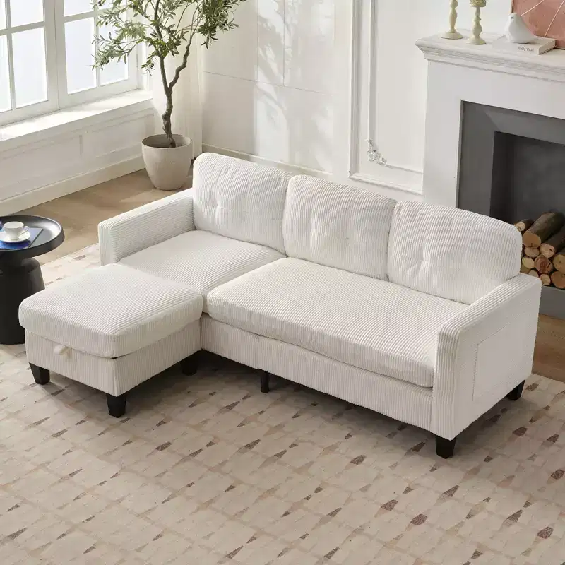 76in Convertible L-Shaped Sectional Sofa with Storage Ottoman, Corduroy, 3-Seater