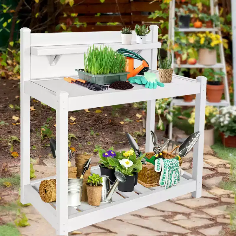Outdoor Indoor Maintenance Free Vinyl Garden Potting Bench, Waterproof Potting Table with Open Shelf, White