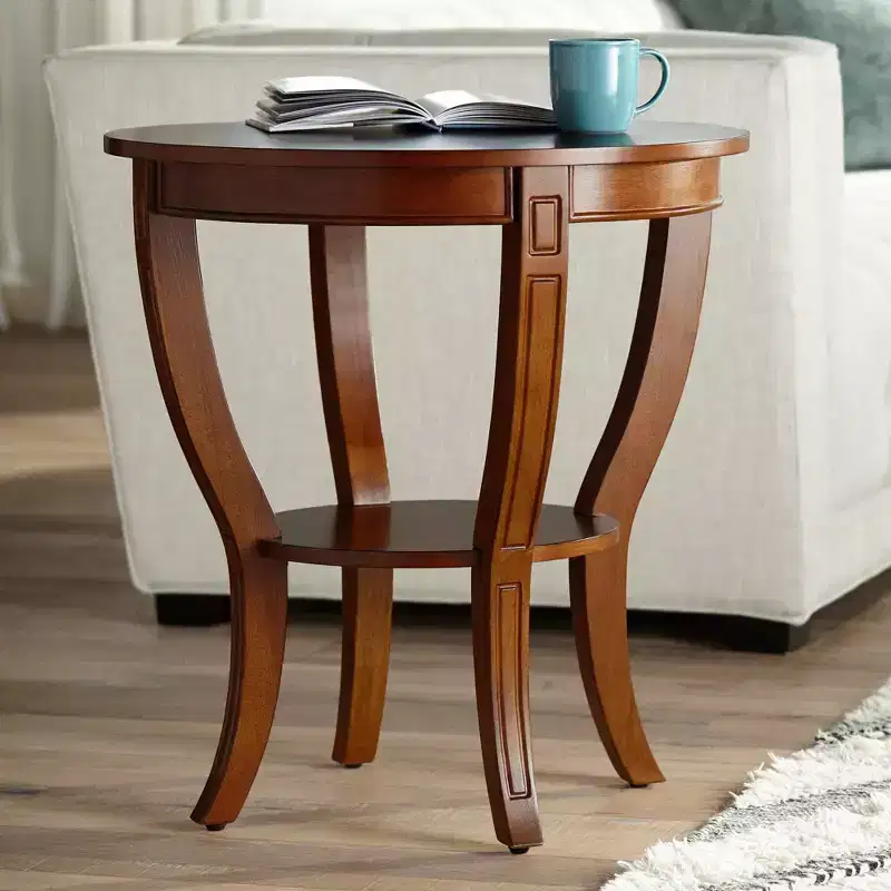 Vintage Cherry Wood Round Accent Side End Table 26 Wide with Lower Shelf, Brown Curving Legs for Living Room Bedroom Bedside