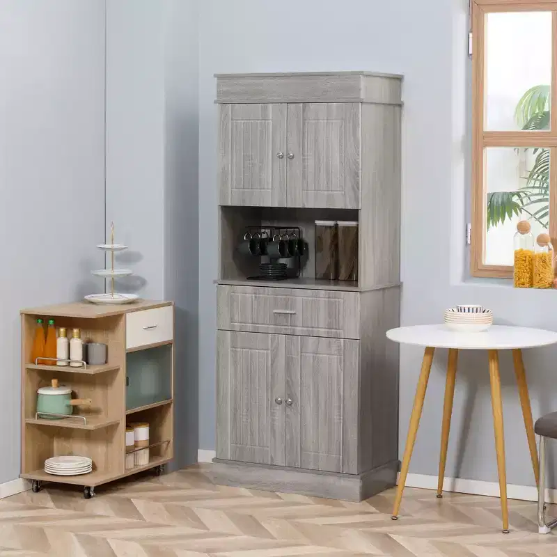HOMCOM 72 Kitchen Buffet with Hutch, Freestanding Pantry Cupboard with Utility Drawer, Anti-tipping 2 Door Cabinets and Countertop, Gray Wood Grain