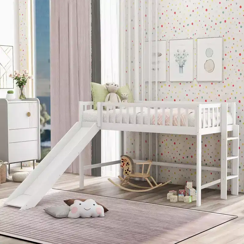 Twin/Full Size Kids Loft Bed with Slide, Safety Guardrail & Ladder
