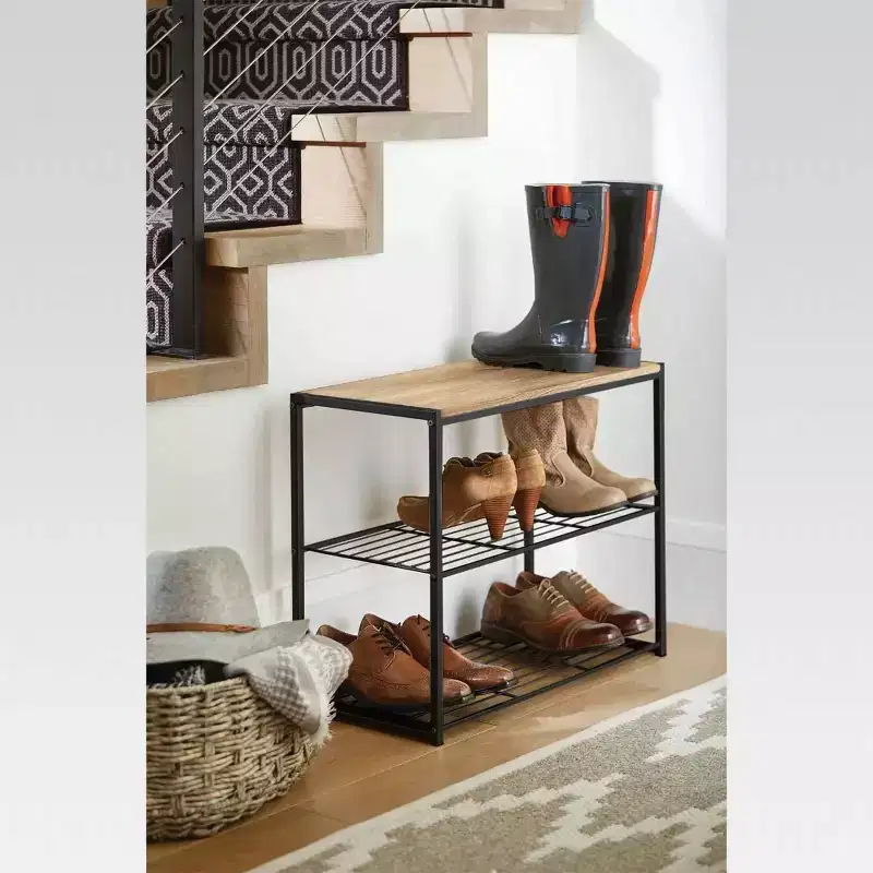 3 Tier Shoe Rack Black Metal with Natural Wood