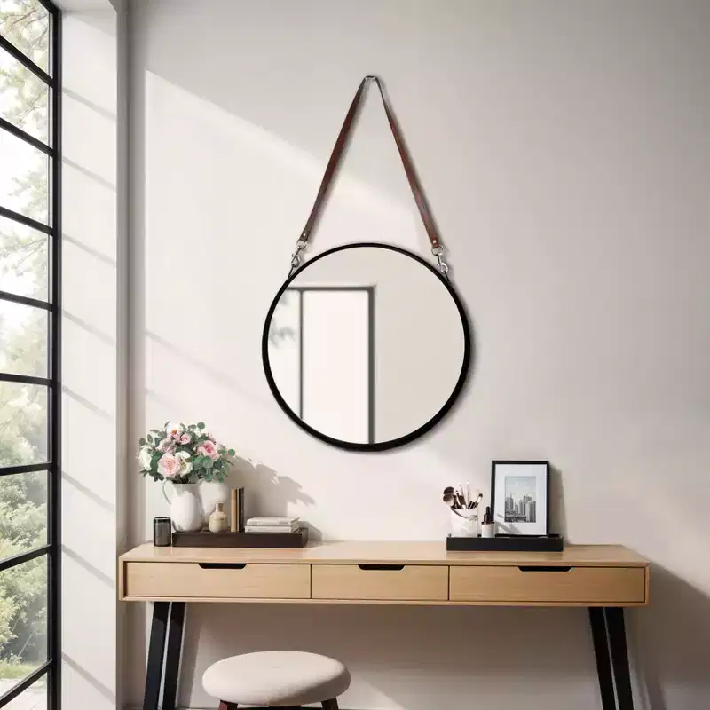 Round Wall Mirror with Hanging Strap - Metal Frame, Faux Leather Strap, Modern Home Decor for Bedroom, Living Room, Office - 3 Black