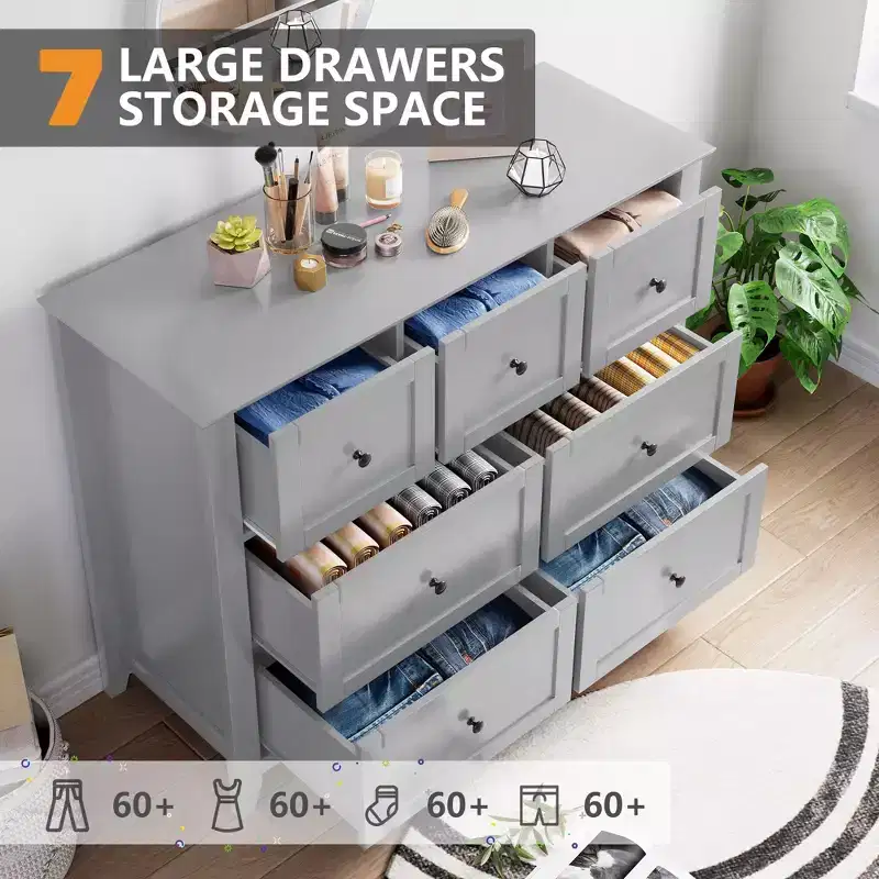 GustoWave 7 Drawer Bedroom Dresser, Modern Chest of Drawers, Wood Storage Double Dresser with Deep Drawers for Living Room, Gray