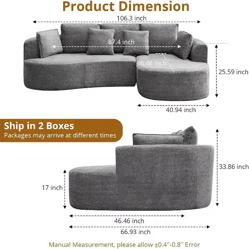106'' Curved Modular Sectional Sofa with Chaise & Sleeper, Chenille Fabric, No Assembly for Living Room/Apartment/Bedroom