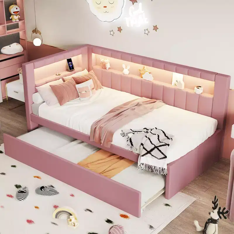 Twin/Full Daybed with Trundle and L-Shaped Bookshelf Headboard, Linen Upholstered Soft Corner Bed with Storage Shelves and LED Belt
