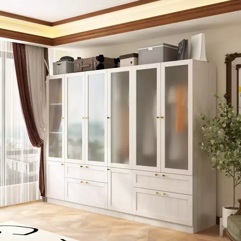 Hitow Modern Gray Armoire Set Frosted Glass Doors Woodgrain Finish Cream Style