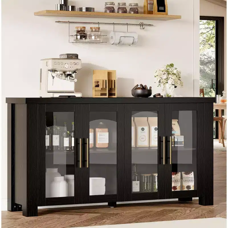Wood Veneer Buffet Cabinet with Tempered Glass Doors