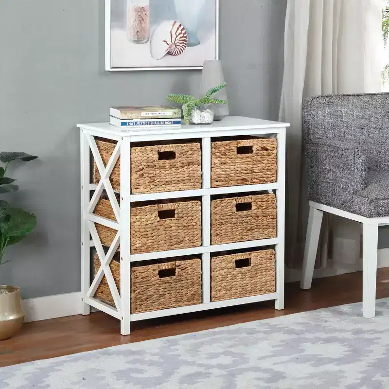 eHemco 3 Tier X-Side Storage Drawers with 6 Water Hyacinth Natural Wicker Baskets
