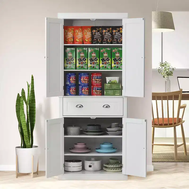 VEVOR 72 Kitchen Pantry Storage Cabinet, Freestanding Utility Cabinets with Doors, Drawer and 3 Adjustable Shelves, Buffet Pantries, White
