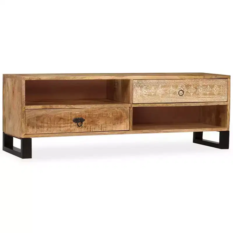 vidaXL Solid Mango Wood TV Stand - Handmade with Steel Legs and Hand-Painted Retro Style - Includes 2 Shelves and 2 Drawers - Brown