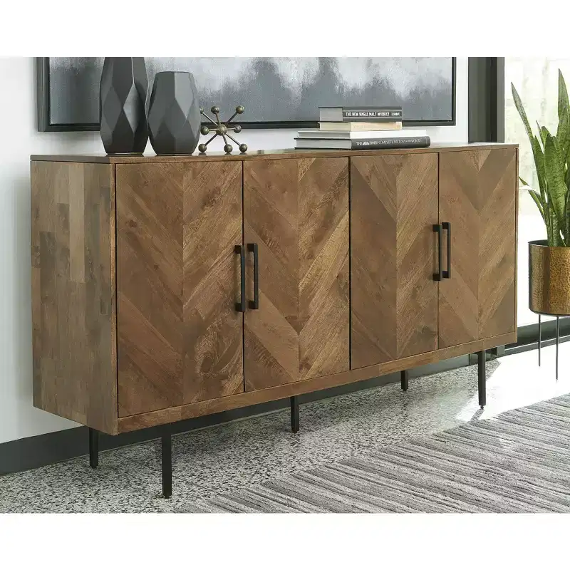 Contemporary Accent Cabinet with 4 Chevron Pattern Doors, Brown