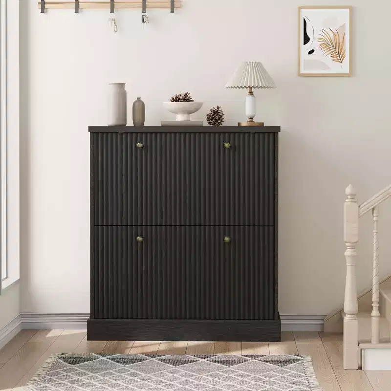 Acekool Wave Pattern 2-Drawer Turn Over Shoe Cabinet Narrow Walnut Entryway Organizer for Hallway & Bedroom