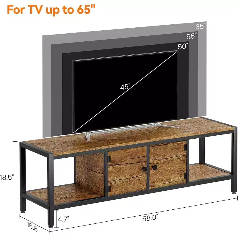 58-Inch Wood TV Stand for 65 TVs  Entertainment Center with 2 Cabinets & Open Shelves, Storage Media Console for Living Room