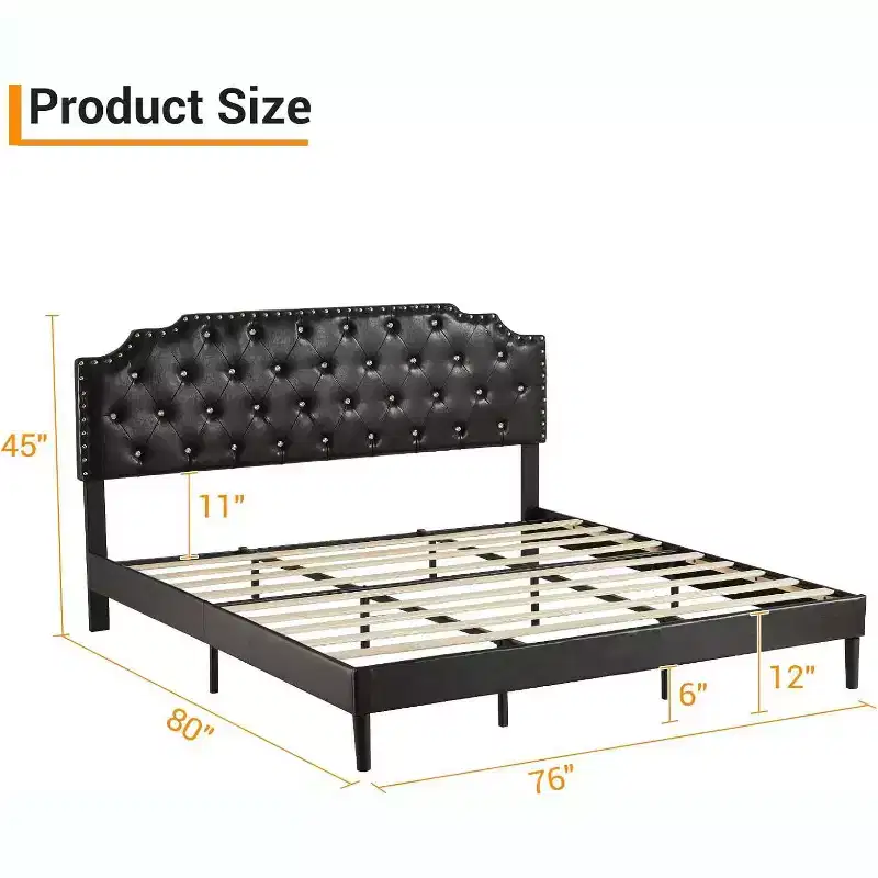 King Platform Bed Frame, Black, Upholstered, For 1 Person
