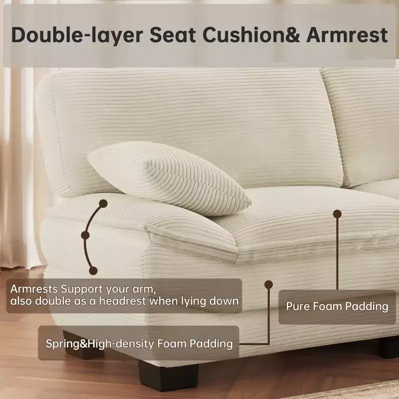 Beige 87 Corduroy Couch with 2 Pillows, Sailboat-Shape Deep Seat Sofa for Living Room, Small Space, Office, Apartment