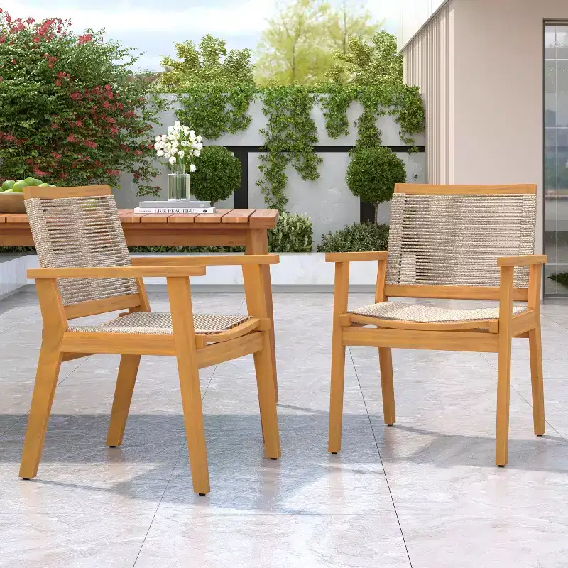 Teak Finish Woven Rope Outdoor Dining Chairs with Arms, Set of 2, Brown/Gray