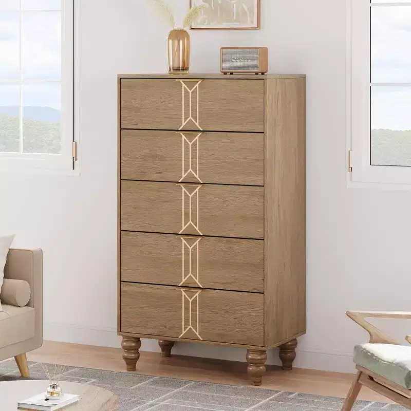5 Drawers Dresser, Modern Wooden Tall Dresser with Deep Drawers, Chest of Drawers for Bedroom, Living Room, Hallway, Entryway