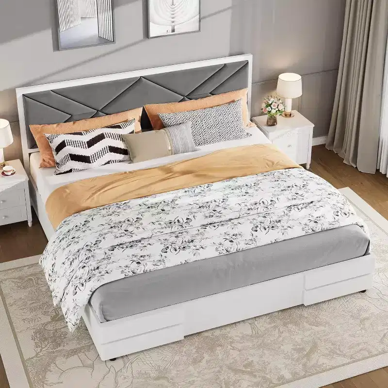 GustoWave Full/Queen/King Size Upholstered Bed Frame for Bedroom, Tufted Design Soft Headboard, Wooden Slat Support, White