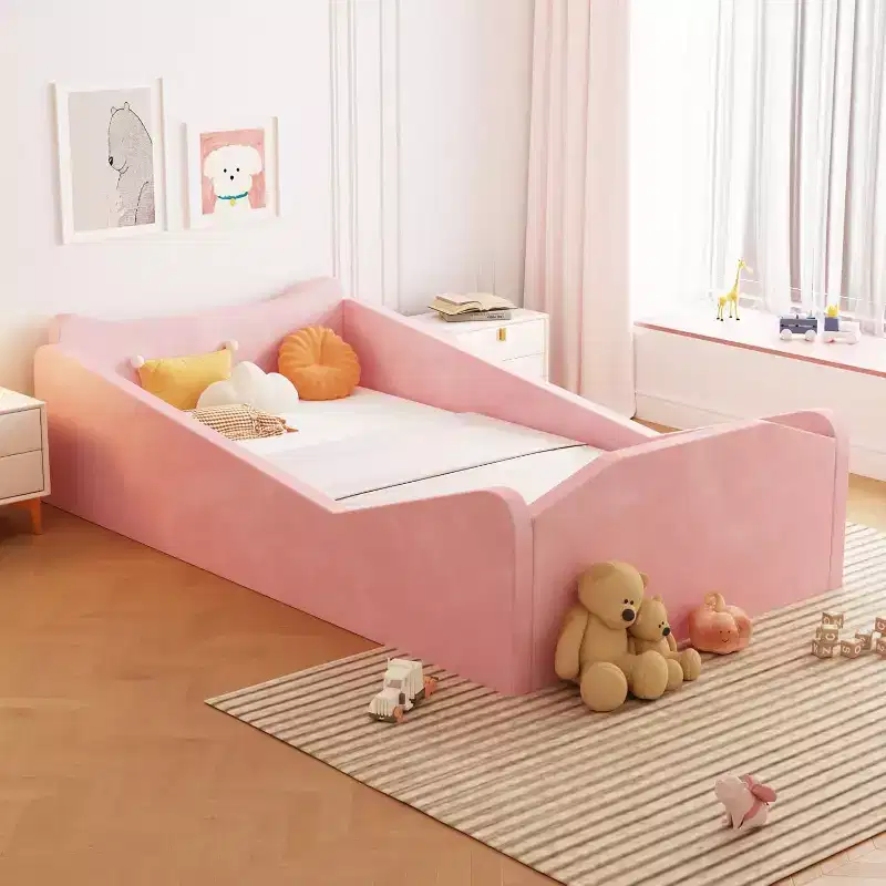 Toddler Floor Bed with Safety Guardrail and Animal Ear Shapes, Pink