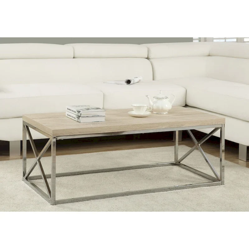 Natural Wood-Look Finish Chrome Metal Contemporary Design Coffee Table - 32