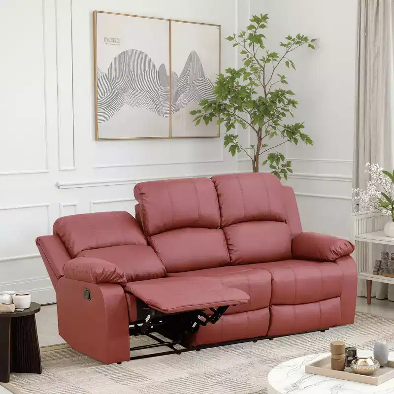 Electric 3-Seat Power Reclining Sofa with Reversible Coffee Table, Leather Upholstery, Red