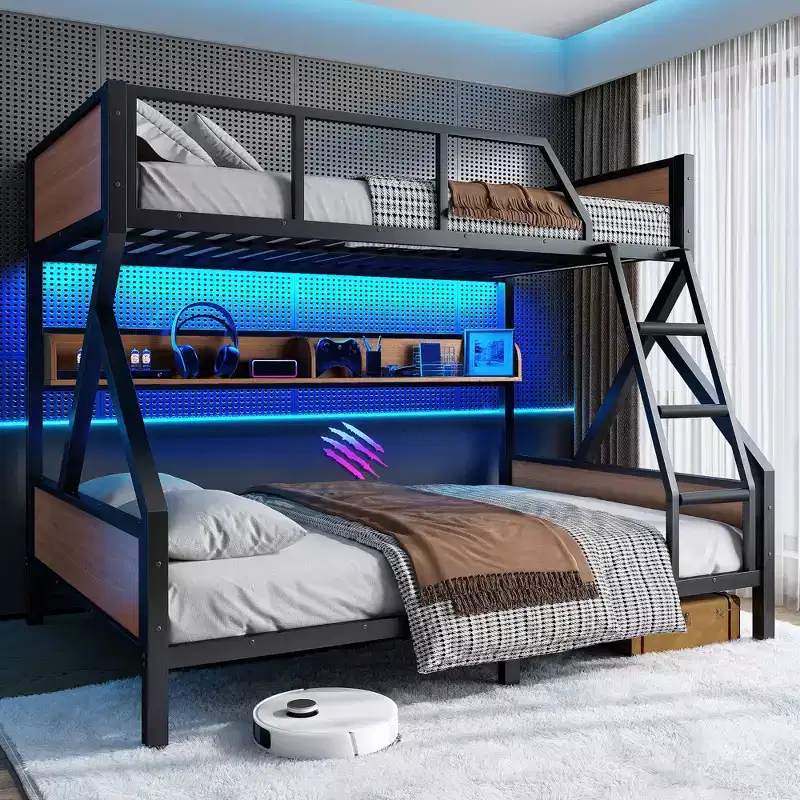 Full XL/Queen or Full+Storage Board/Queen Bunk Bed, Metal Bunk Bed with Storage Shelves and Lights, Space-saving & Noise-free Design, Black