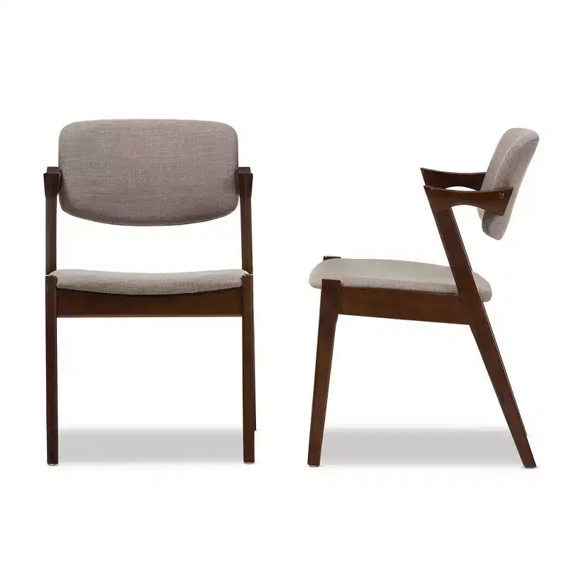 Set of 2 Light Gray & Walnut Brown Mid-Century Dining Armchairs