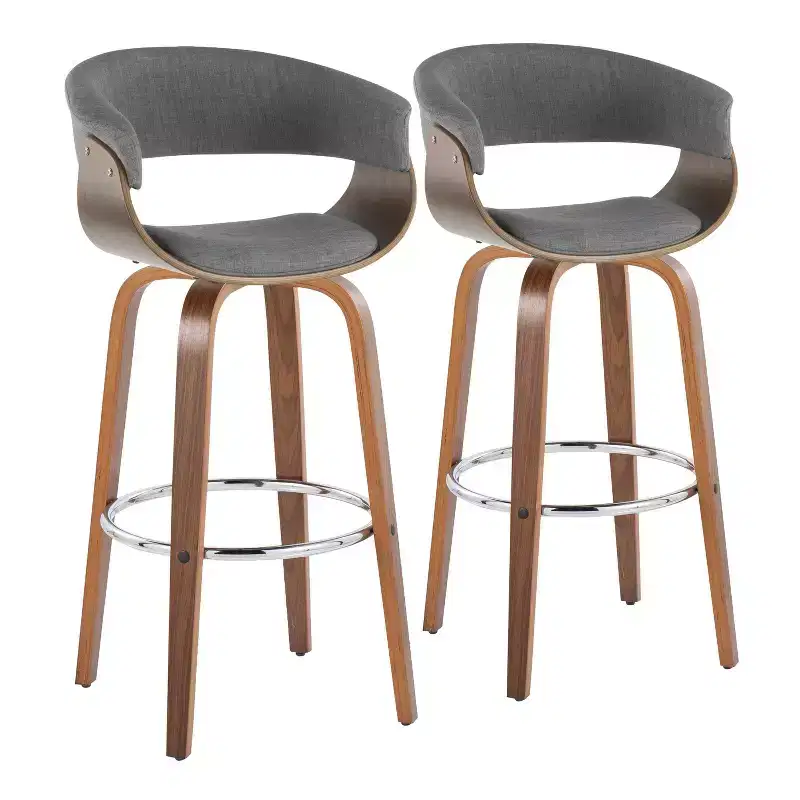 Vintage Modern Fixed-Height Barstool, Walnut Wood Legs, Chrome Footrest, Light Gray Upholstery
