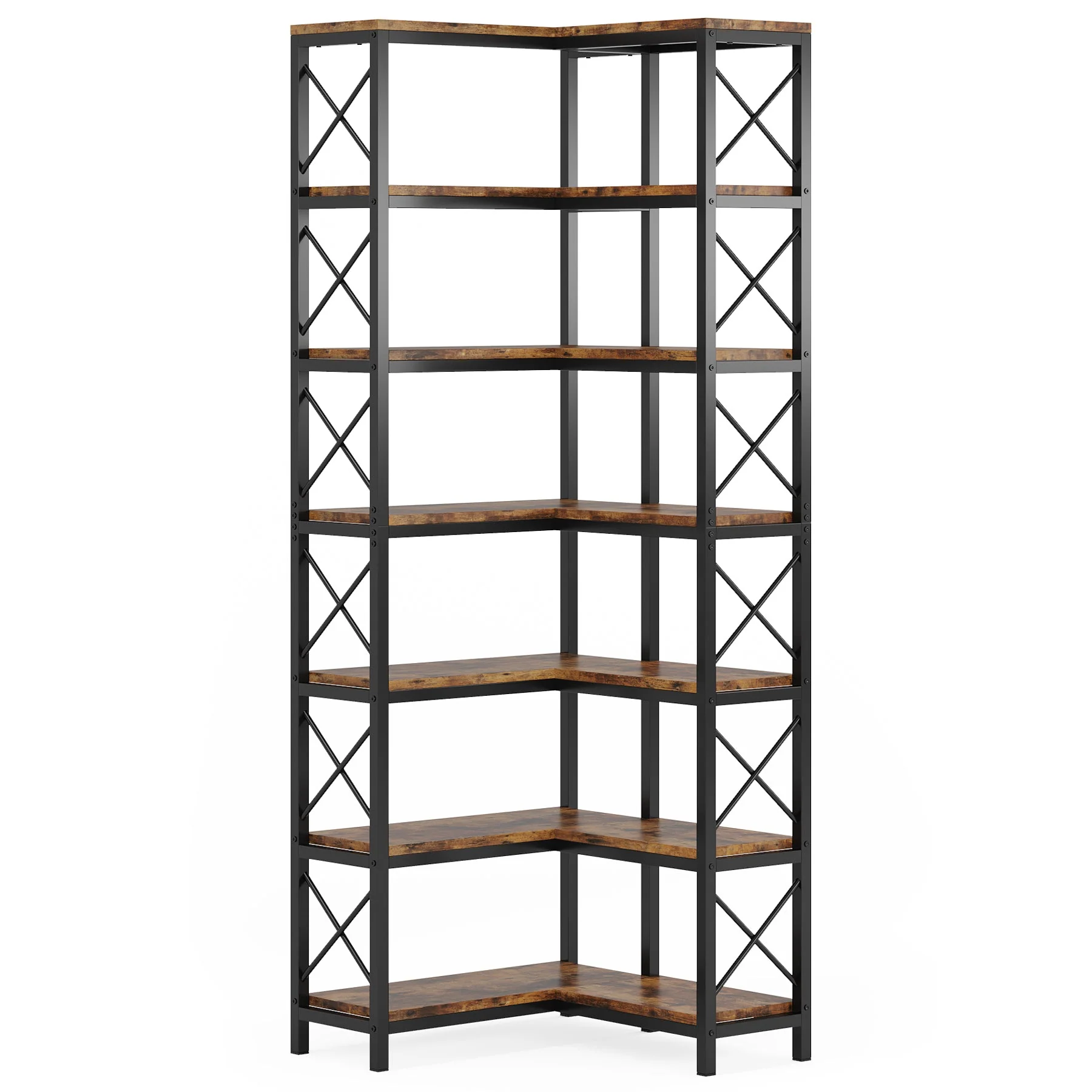 Rustic Brown Wood & Metal 7-Tier Corner Bookshelf