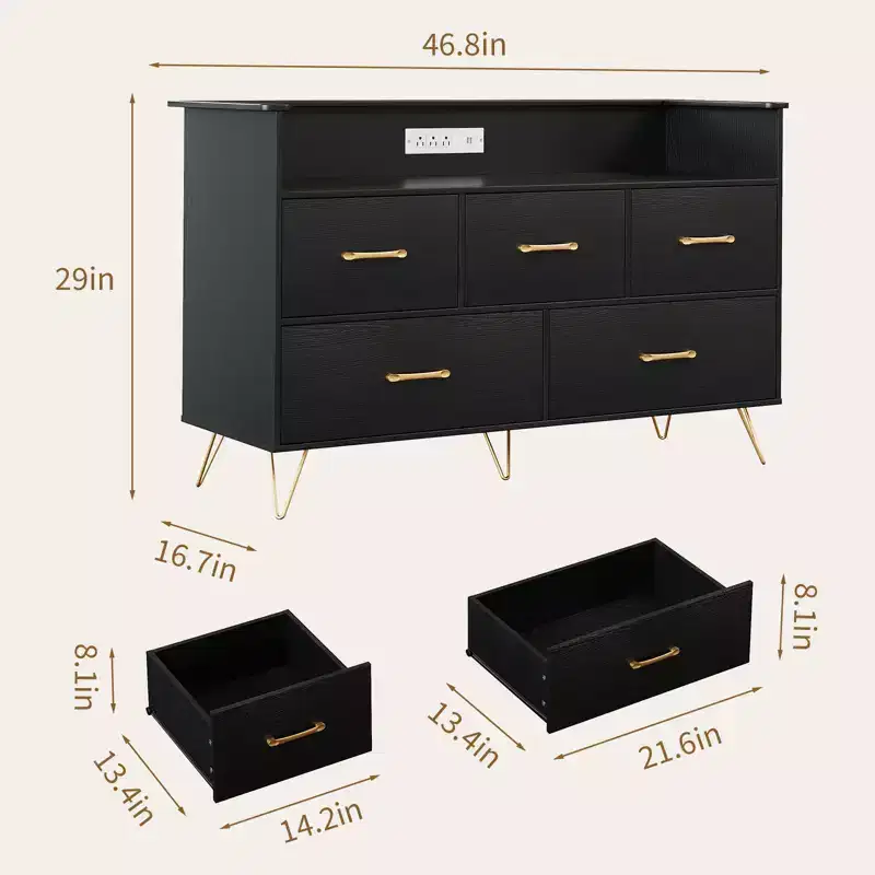 COZONY 5-Drawer Wood Dresser with Display Shelf, Modern Storage Cabinet for Bedroom Living Room Entryway