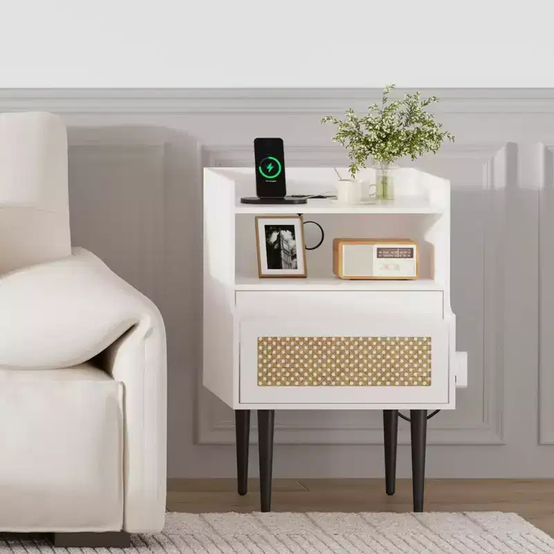 Nightstand Set of 2 Bedside Table - Farmhouse with Charging Outlet, Rattan Drawer & Open Shelves, End Tables