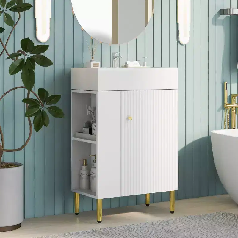Okak 21.6 Bathroom Storage Cabinet, Bathroom Vanity with Left Side Shelves, Floor Storage Cabinet with Ceramic Sink