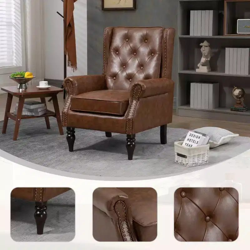 Wood Frame Armchair, Sturdy Wood Legs, Living Room Bedroom, Black PU