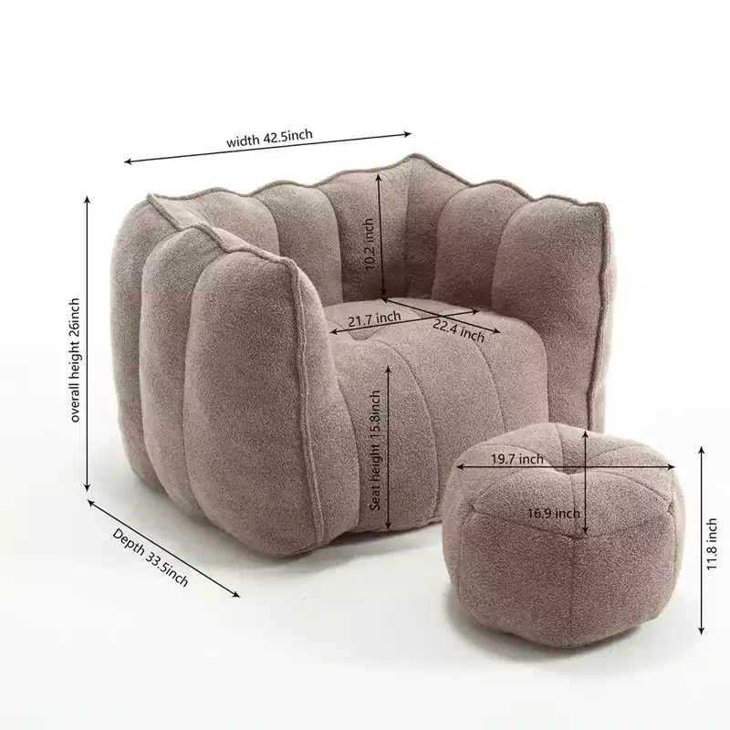 Bean Bag Chair with Ottoman, Modern Chenille Square Sofa Chair, Soft Bean Bag Couch with Footstool for Living Room Bedroom Apartment Dorm