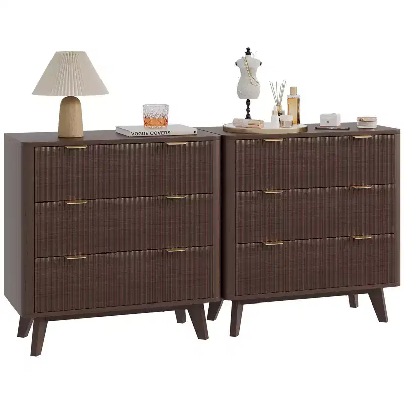 Modern Nightstand, Fluted Nightstand with Faux Marble Top, 3-Drawer Large Bedside Table, 32 Wide Curved Accent Nightstands
