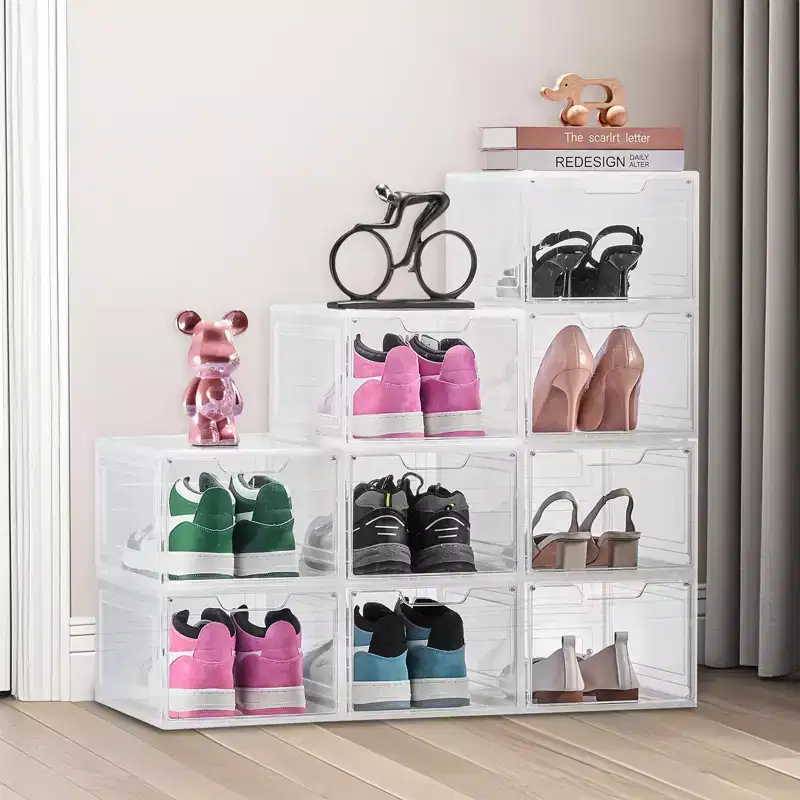 VEVOR Shoe Storage Boxes, 9 Pack Clear Stackable Shoe Boxes Storage Organizers with Magnetic Door, Fit up to US Size 13, Transparent White